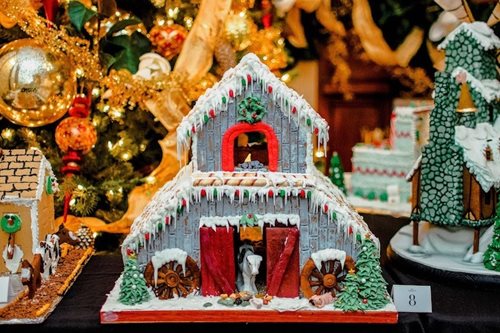 A gingerbread house, all decked out for the contest with icicles made of frosting.