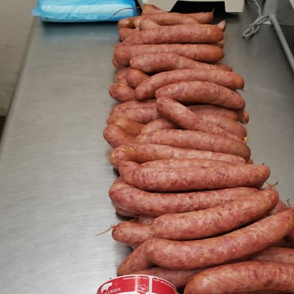 A row of sausages from Ricky Dollison's farm in Florida