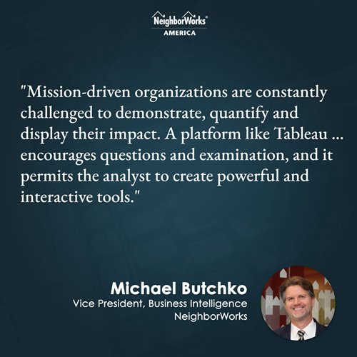 A photo of NeighborWorks America's VP of Business Intelligence sharing why data is important and how Tableau is a valuable tool for community development organizations