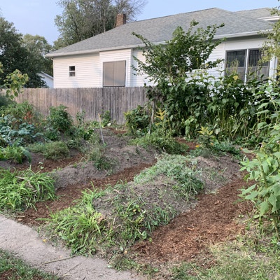 A front yard looks manicured again, the weeds gone, after a volunteer crew helped out.