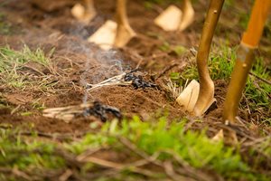 Golden shovels near burning sage.