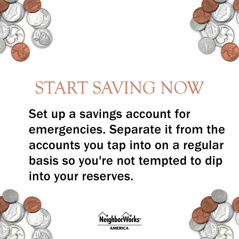 Piles of change are in each corner of the text graphic that reads: Start saving now - Set up a savings account for emergencies