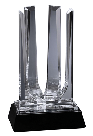 The Founders Award, made of metal, with pillars reaching skyward.