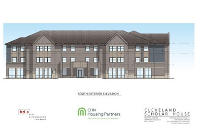 A sketch of the Scholar House shows a long building  with a courtyard.