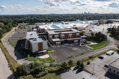 A view from above of Skyview Park Apartments, attached to the mall.