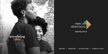 A brochure for New Directions I Rise program shows a woman hugging her child