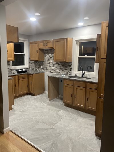 Preem Cabey's kitchen, with gray counters, under construction.