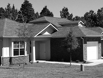 Grayscale photo of a row of houses and trees in the backdrop